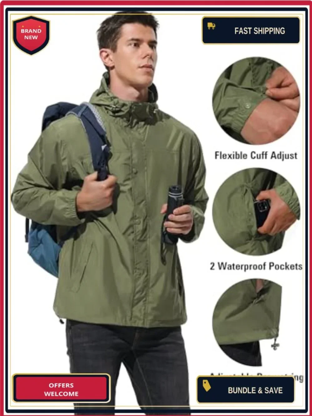 UIQUR Men's Lightweight Packable Waterproof Rain Jacket Windbreaker